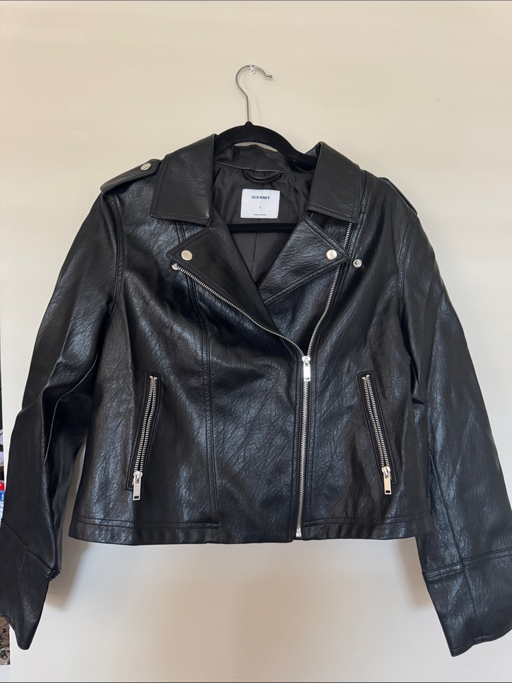 Old Navy Black Faux Leather Biker Jacket with Silver Hardware
